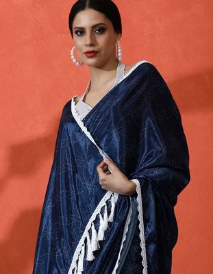 Blue embellished floral printed digital printed satin saree with blouse piece 5
