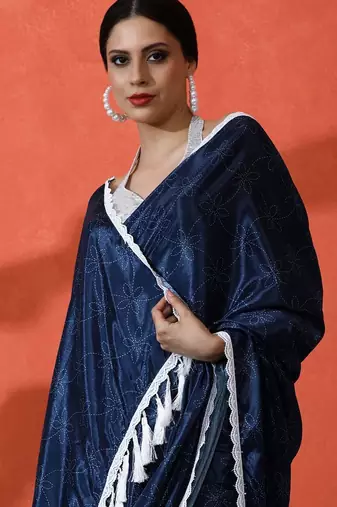Blue embellished floral printed digital printed satin saree with blouse piece