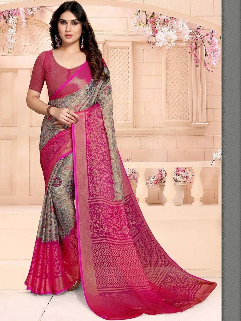 Grey printed sarees with unstitched blouse