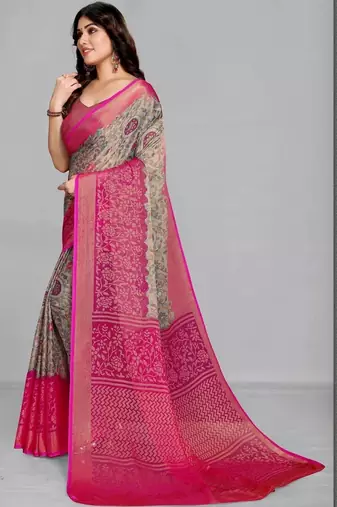 Grey printed sarees with unstitched blouse