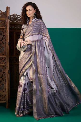 Lavender ethnic motifs printed zari saree with unstitched blouse