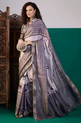 Lavender ethnic motifs printed zari saree with unstitched blouse