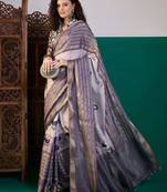 Lavender ethnic motifs printed zari saree with unstitched blouse