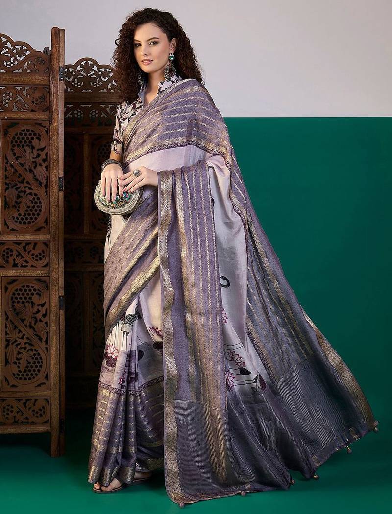 Lavender ethnic motifs printed zari saree with unstitched blouse