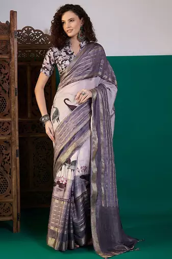 Lavender ethnic motifs printed zari saree with unstitched blouse