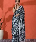 Green embellished floral printed digital printed satin saree with blouse piece