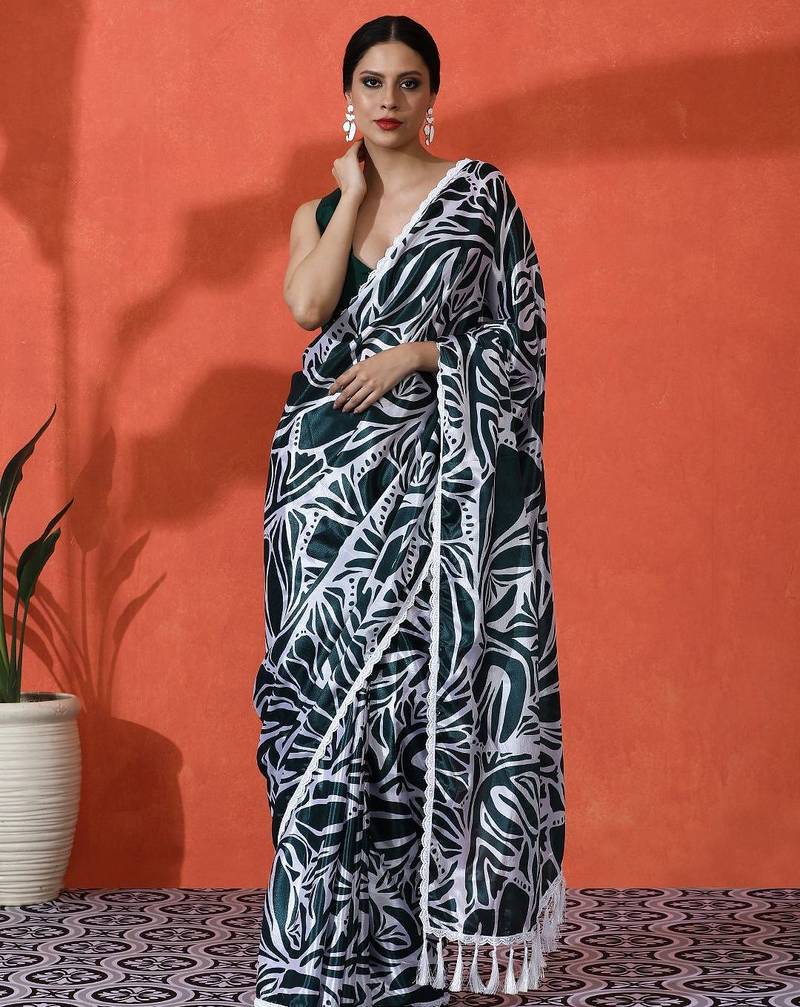 Green embellished floral printed digital printed satin saree with blouse piece