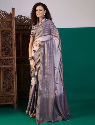 Lavender ethnic motifs printed zari saree with unstitched blouse 3