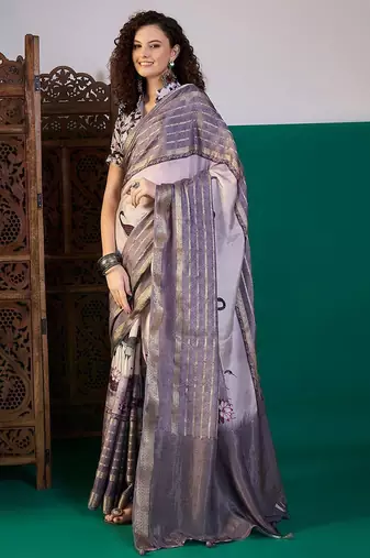 Lavender ethnic motifs printed zari saree with unstitched blouse