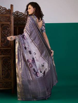 Lavender ethnic motifs printed zari saree with unstitched blouse 4