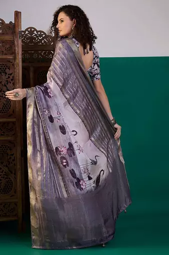 Lavender ethnic motifs printed zari saree with unstitched blouse