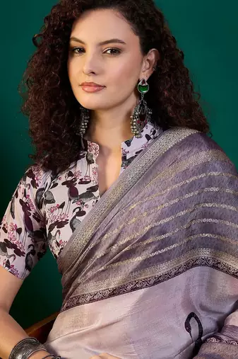 Lavender ethnic motifs printed zari saree with unstitched blouse