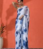 White embellished floral printed digital printed satin saree with blouse piece