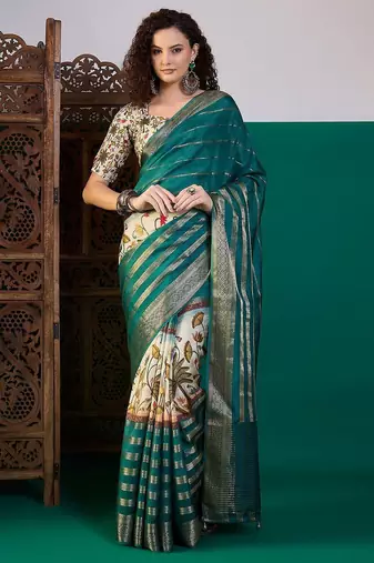 Teal ethnic motifs printed zari saree with unstitched blouse