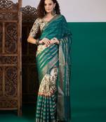Teal ethnic motifs printed zari saree with unstitched blouse
