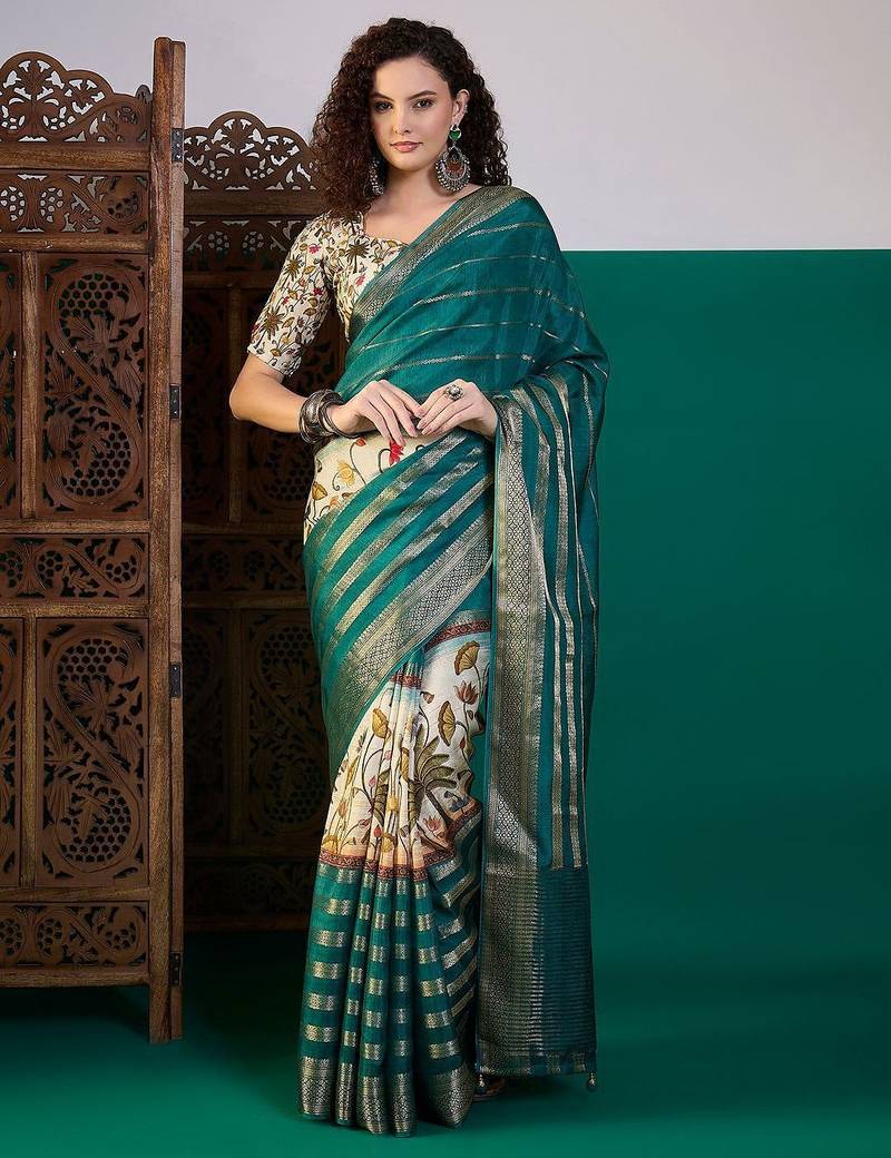 Teal ethnic motifs printed zari saree with unstitched blouse