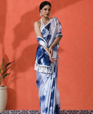 White embellished floral printed digital printed satin saree with blouse piece 2