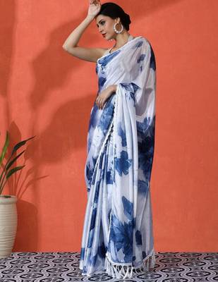 White embellished floral printed digital printed satin saree with blouse piece 3
