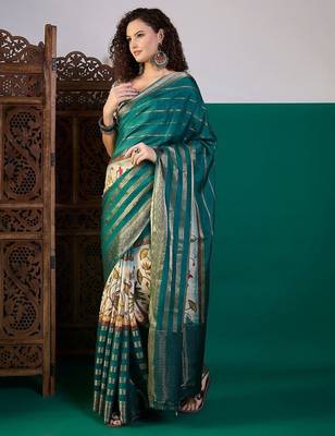 Teal ethnic motifs printed zari saree with unstitched blouse 2