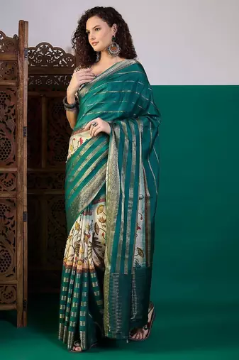 Teal ethnic motifs printed zari saree with unstitched blouse