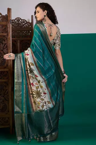 Teal ethnic motifs printed zari saree with unstitched blouse