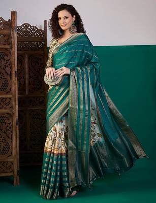 Teal ethnic motifs printed zari saree with unstitched blouse 4