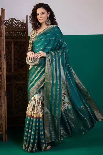 Teal ethnic motifs printed zari saree with unstitched blouse