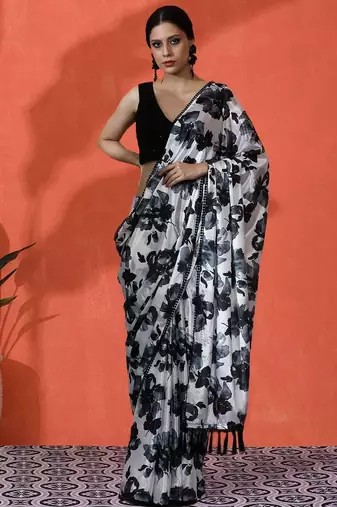 Black embellished floral printed digital printed satin saree with blouse piece