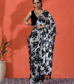 Black embellished floral printed digital printed satin saree with blouse piece