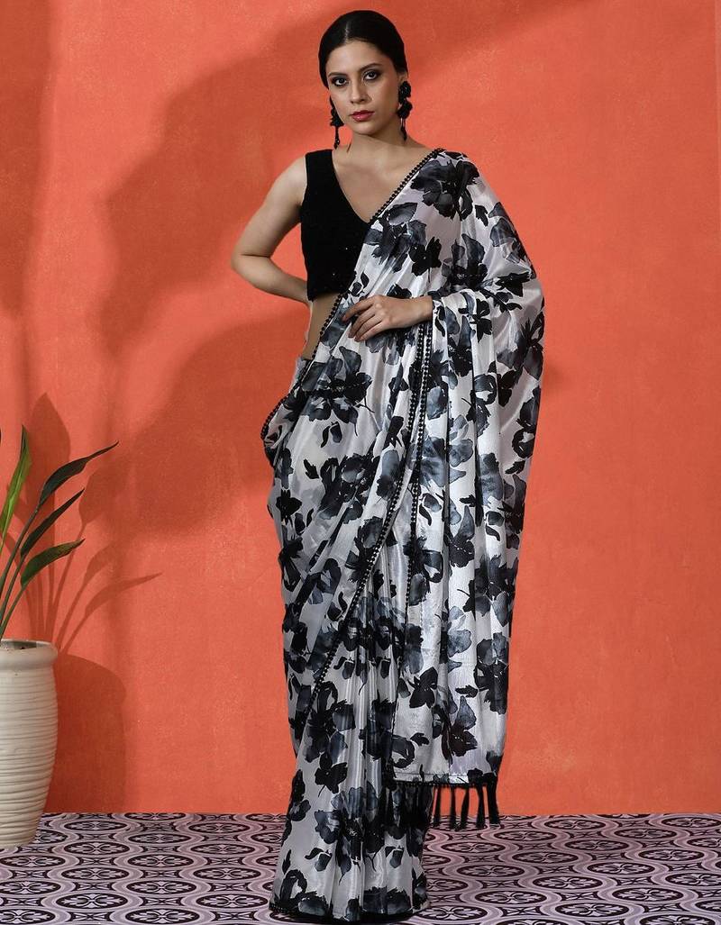 Black embellished floral printed digital printed satin saree with blouse piece