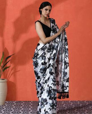 Black embellished floral printed digital printed satin saree with blouse piece 2