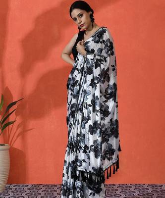 Black embellished floral printed digital printed satin saree with blouse piece 3