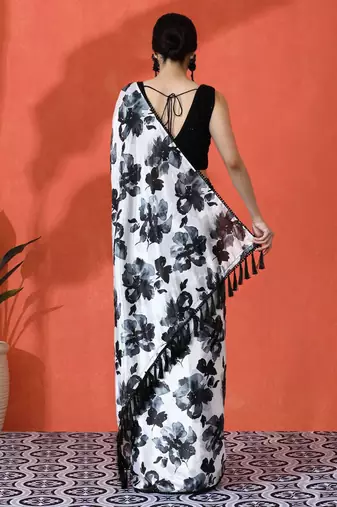 Black embellished floral printed digital printed satin saree with blouse piece