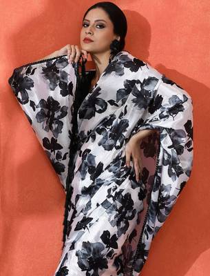 Black embellished floral printed digital printed satin saree with blouse piece 5