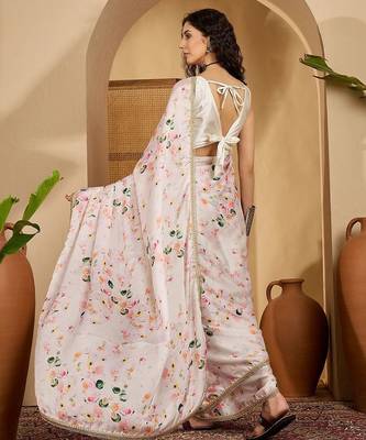 Off white abstract printed saree with embellished border & unstitched blouse 4