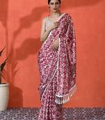 Red embellished floral printed digital printed satin saree with blouse piece