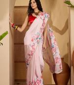 Pink floral printed saree with beaded detail & unstitched blouse