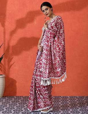 Red embellished floral printed digital printed satin saree with blouse piece 3