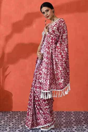 Red embellished floral printed digital printed satin saree with blouse piece