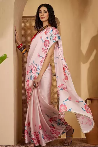 Pink floral printed saree with beaded detail & unstitched blouse