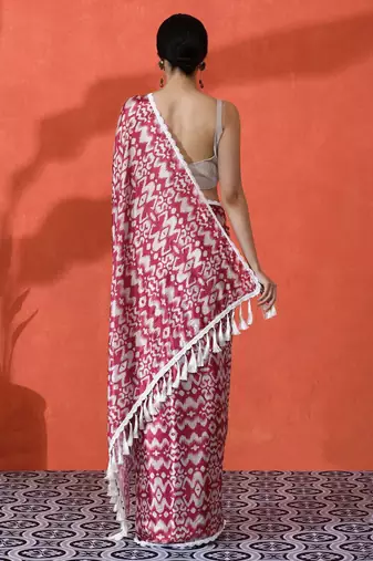 Red embellished floral printed digital printed satin saree with blouse piece