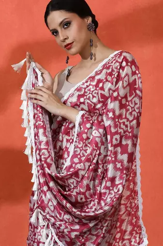 Red embellished floral printed digital printed satin saree with blouse piece