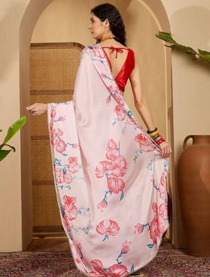 Pink floral printed saree with beaded detail & unstitched blouse 4