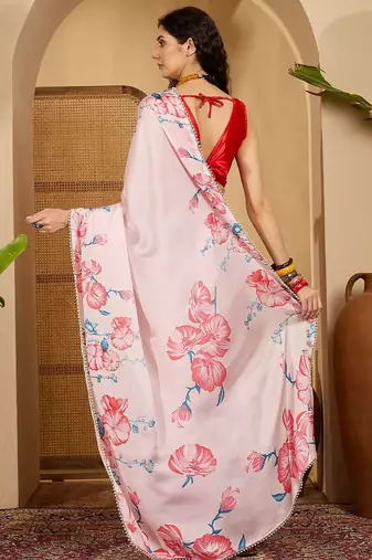Pink floral printed saree with beaded detail & unstitched blouse