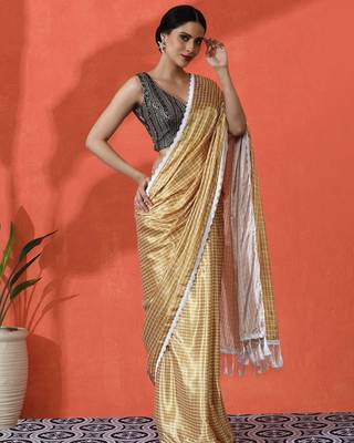 Yellow embellished checked printed digital printed satin saree with blouse piece 1