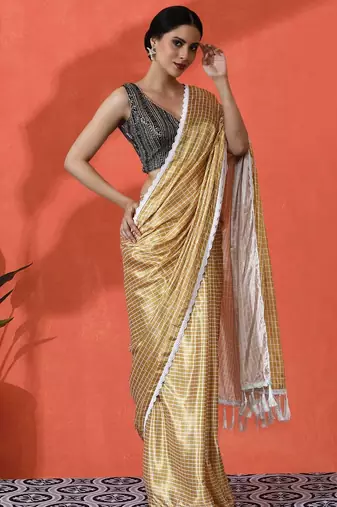 Yellow embellished checked printed digital printed satin saree with blouse piece
