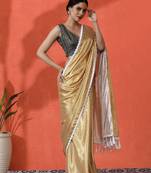 Yellow embellished checked printed digital printed satin saree with blouse piece