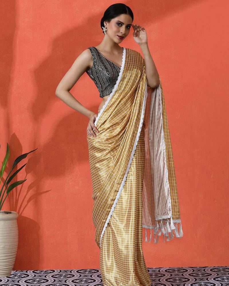 Yellow embellished checked printed digital printed satin saree with blouse piece