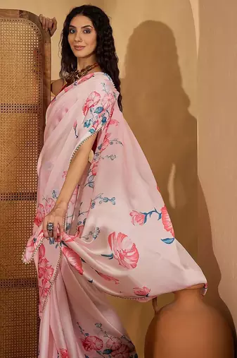 Pink floral printed saree with beaded detail & unstitched blouse