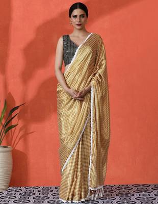 Yellow embellished checked printed digital printed satin saree with blouse piece 2